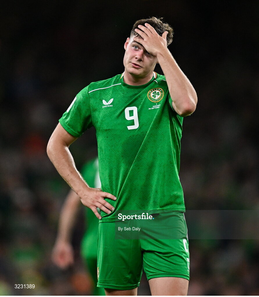 6 September 2025; Evan Ferguson of Republic of Ireland during the FIFA World Cup 2026 Group F qualifying match between Republic of Ireland and Hungary at the Aviva Stadium in Dublin. Photo by Seb Daly/Sportsfile