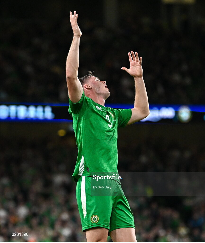 6 September 2025; Evan Ferguson of Republic of Ireland reacts after committing a foul during the FIFA World Cup 2026 Group F qualifying match between Republic of Ireland and Hungary at the Aviva Stadium in Dublin. Photo by Seb Daly/Sportsfile