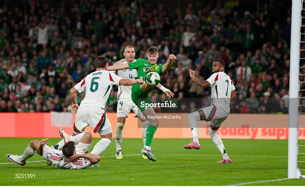 6 September 2025; Evan Ferguson of Republic of Ireland, 9, scores his side's first goal during the FIFA World Cup 2026 Group F qualifying match between Republic of Ireland and Hungary at the Aviva Stadium in Dublin. Photo by Stephen McCarthy/Sportsfile