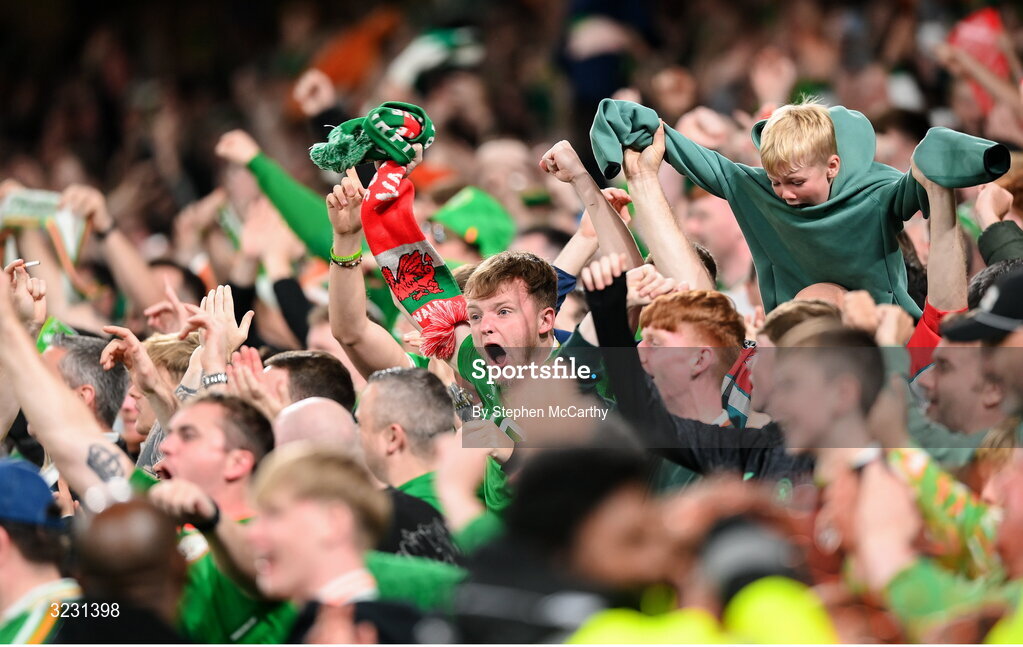 6 September 2025; Republic of Ireland supporters celebrate during the FIFA World Cup 2026 Group F qualifying match between Republic of Ireland and Hungary at the Aviva Stadium in Dublin. Photo by Stephen McCarthy/Sportsfile