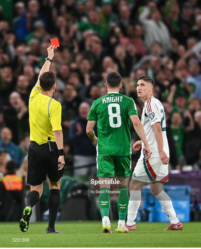 6 September 2025; Referee Harm Osmer shows a straight red card to Roland Sallai of Hungary, 20, during the FIFA World Cup 2026 Group F qualifying match between Republic of Ireland and Hungary at the Aviva Stadium in Dublin. Photo by David Fitzgerald/Sportsfile