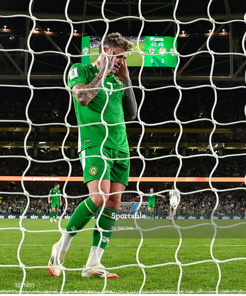 6 September 2025; Sammie Szmodics of Republic of Ireland reacts during the FIFA World Cup 2026 Group F qualifying match between Republic of Ireland and Hungary at the Aviva Stadium in Dublin. Photo by Seb Daly/Sportsfile