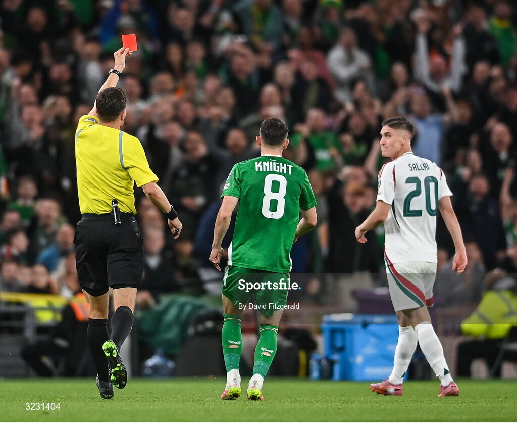 6 September 2025; Referee Harm Osmer shows a straight red card to Roland Sallai of Hungary, 20, during the FIFA World Cup 2026 Group F qualifying match between Republic of Ireland and Hungary at the Aviva Stadium in Dublin. Photo by David Fitzgerald/Sportsfile