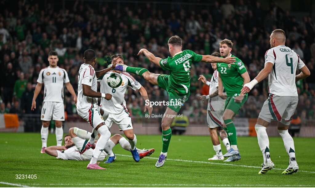 6 September 2025; Evan Ferguson of Republic of Ireland scores his side's first goal during the FIFA World Cup 2026 Group F qualifying match between Republic of Ireland and Hungary at the Aviva Stadium in Dublin. Photo by David Fitzgerald/Sportsfile