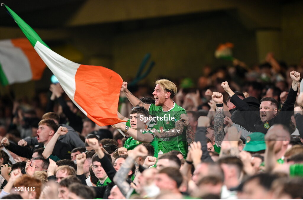 6 September 2025; Republic of Ireland supporters celebrate their side's first goal during the FIFA World Cup 2026 Group F qualifying match between Republic of Ireland and Hungary at the Aviva Stadium in Dublin. Photo by Stephen McCarthy/Sportsfile