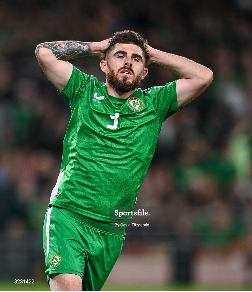 6 September 2025; Ryan Manning of Republic of Ireland reacts to a missed chance during the FIFA World Cup 2026 Group F qualifying match between Republic of Ireland and Hungary at the Aviva Stadium in Dublin. Photo by David Fitzgerald/Sportsfile