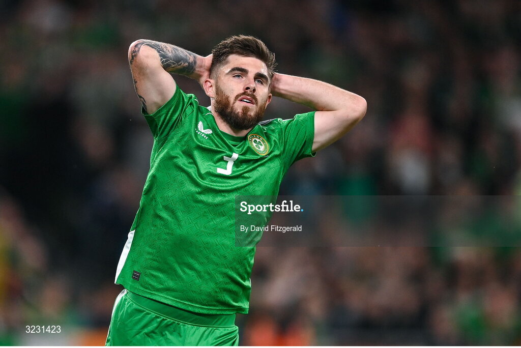 6 September 2025; Ryan Manning of Republic of Ireland reacts to a missed chance during the FIFA World Cup 2026 Group F qualifying match between Republic of Ireland and Hungary at the Aviva Stadium in Dublin. Photo by David Fitzgerald/Sportsfile