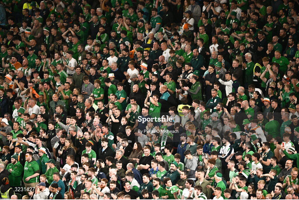 6 September 2025; Republic of Ireland supporters during the FIFA World Cup 2026 Group F qualifying match between Republic of Ireland and Hungary at the Aviva Stadium in Dublin. Photo by Piaras Ó Mídheach/Sportsfile