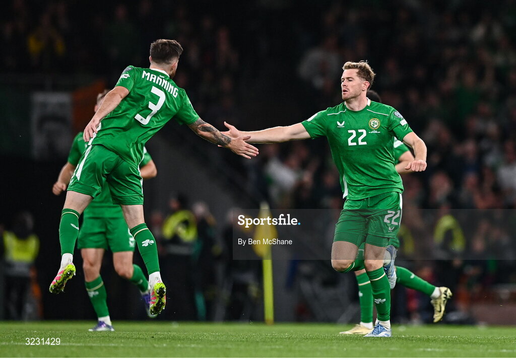 6 September 2025; Nathan Collins, right, and Ryan Manning of Republic of Ireland celebrate their side's first goal during the FIFA World Cup 2026 Group F qualifying match between Republic of Ireland and Hungary at the Aviva Stadium in Dublin. Photo by Ben McShane/Sportsfile