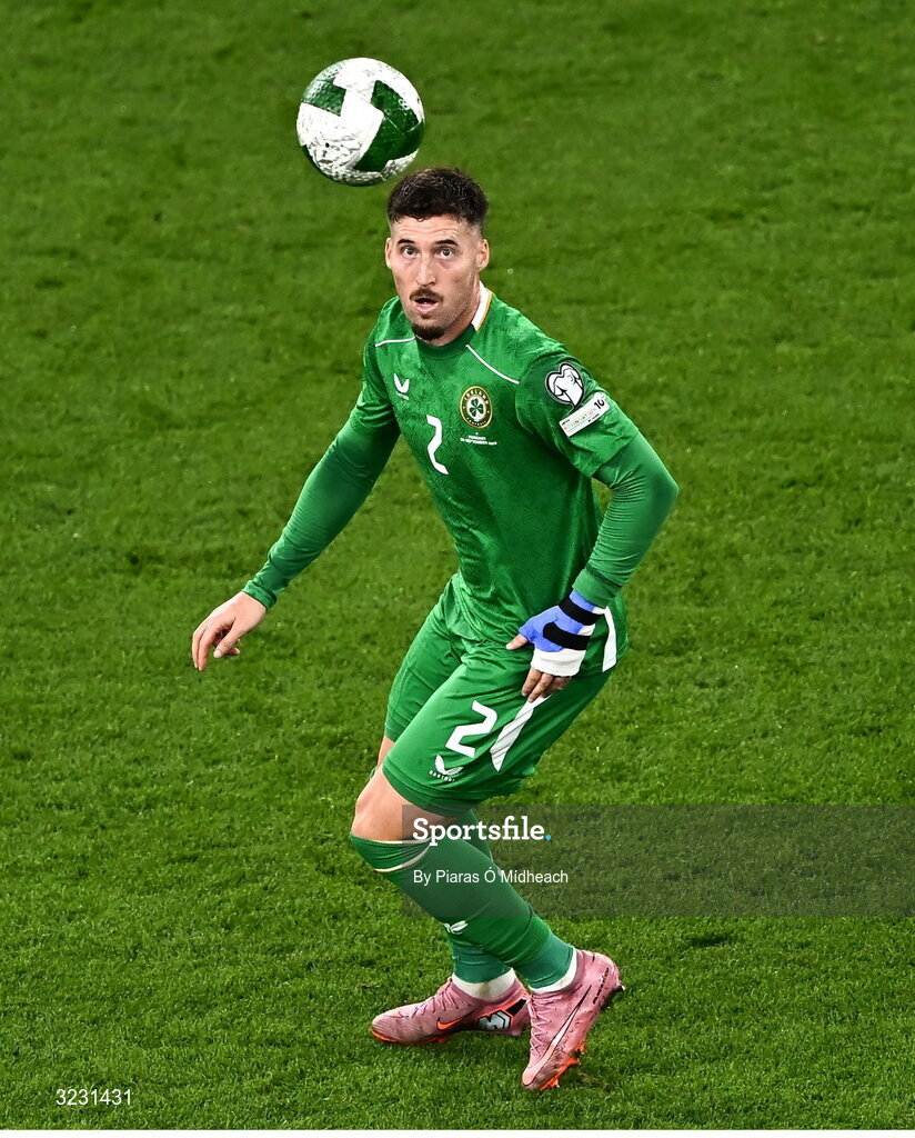 6 September 2025; Matt Doherty of Republic of Ireland during the FIFA World Cup 2026 Group F qualifying match between Republic of Ireland and Hungary at the Aviva Stadium in Dublin. Photo by Piaras Ó Mídheach/Sportsfile