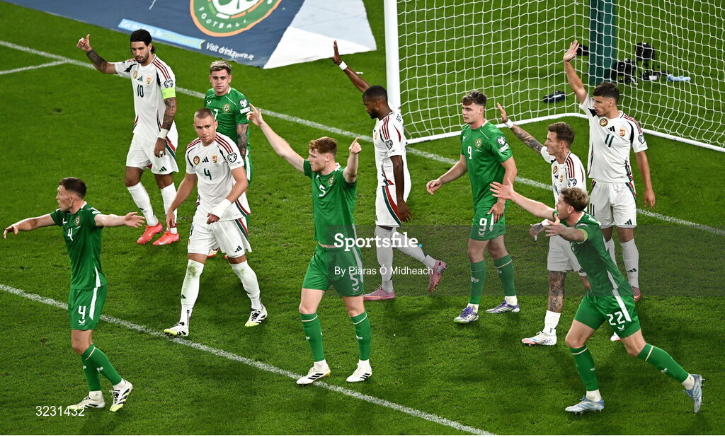 6 September 2025; Players appeal to referee Harm Osmer during the FIFA World Cup 2026 Group F qualifying match between Republic of Ireland and Hungary at the Aviva Stadium in Dublin. Photo by Piaras Ó Mídheach/Sportsfile