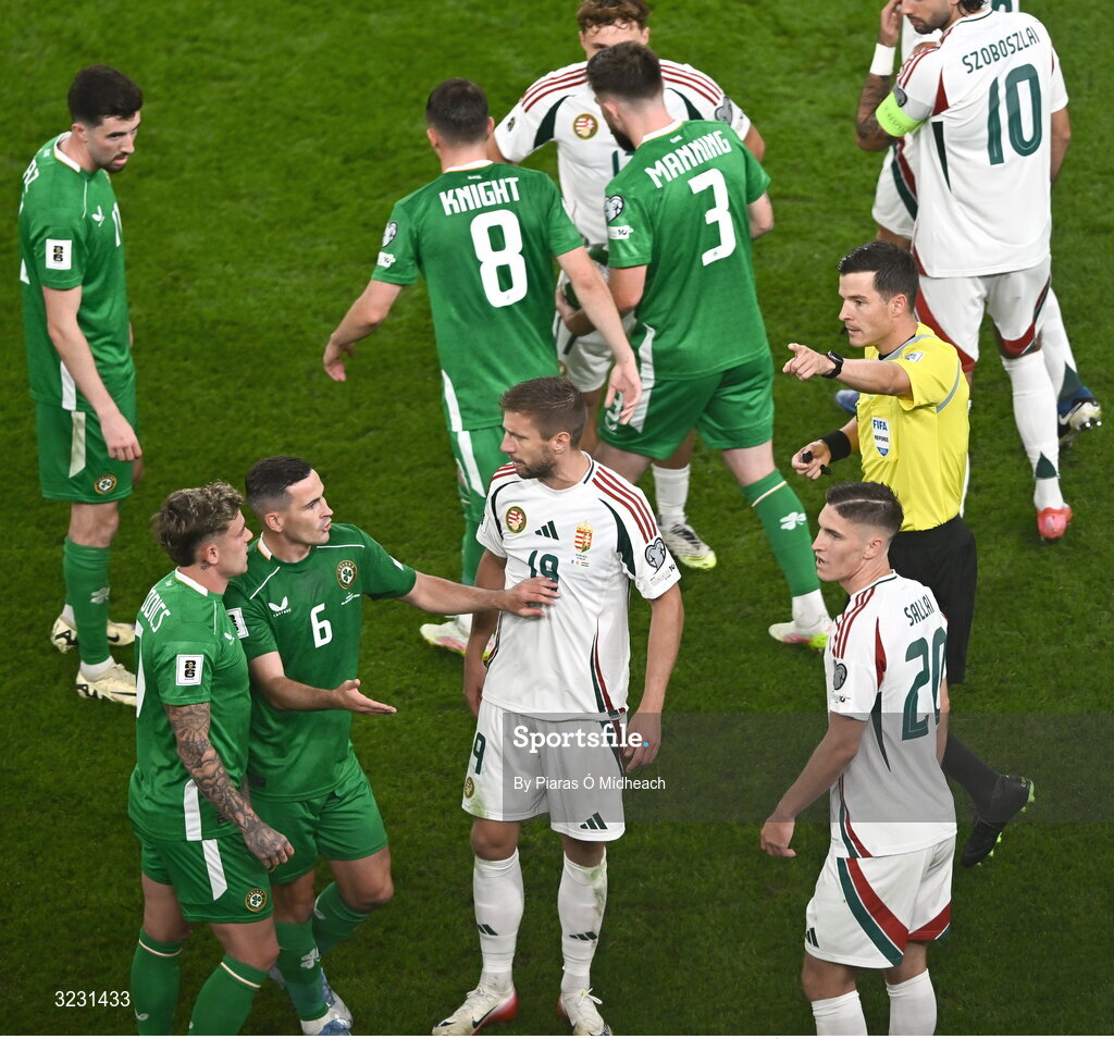 6 September 2025; Players tussle as Roland Sallai of Hungary, 20, is sent off during the FIFA World Cup 2026 Group F qualifying match between Republic of Ireland and Hungary at the Aviva Stadium in Dublin. Photo by Piaras Ó Mídheach/Sportsfile