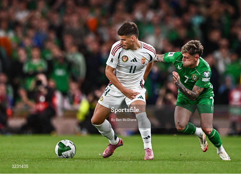 6 September 2025; Milos Kerkez of Hungary in action against Sammie Szmodics of Republic of Ireland during the FIFA World Cup 2026 Group F qualifying match between Republic of Ireland and Hungary at the Aviva Stadium in Dublin. Photo by Ben McShane/Sportsfile