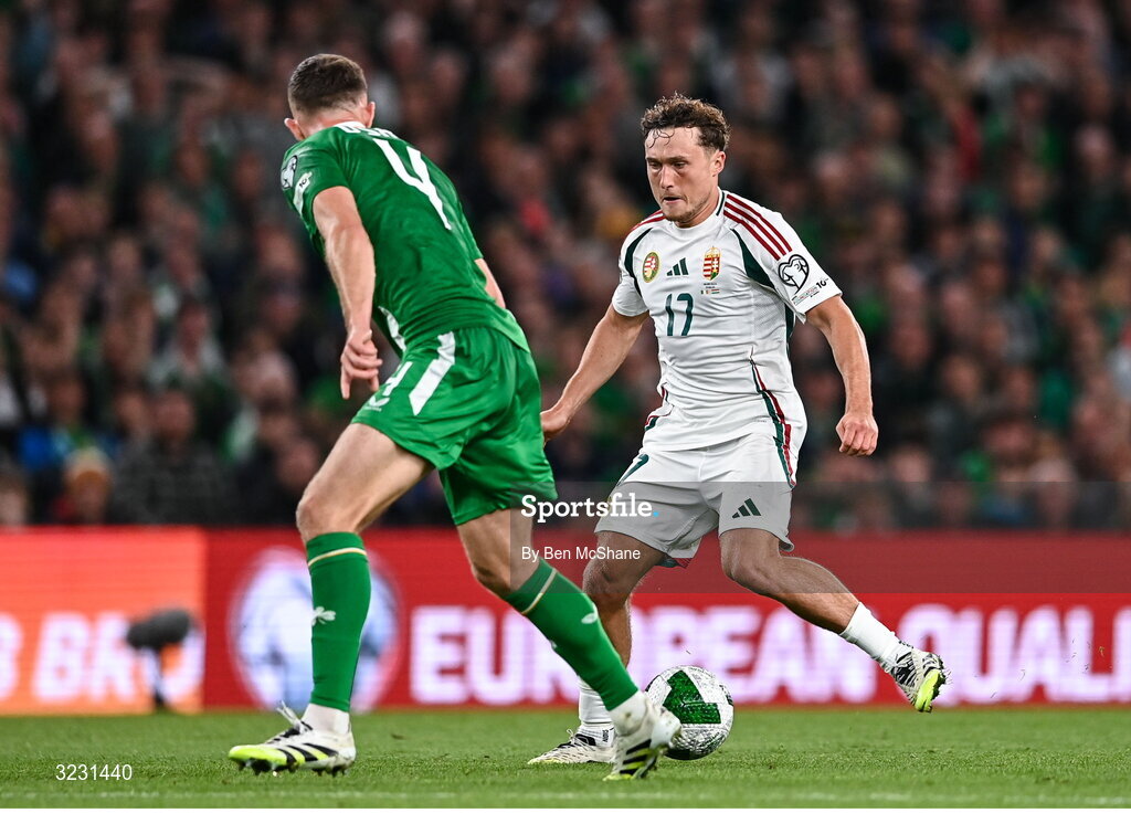 6 September 2025; Callum Styles of Hungary in action against Dara O'Shea of Republic of Ireland during the FIFA World Cup 2026 Group F qualifying match between Republic of Ireland and Hungary at the Aviva Stadium in Dublin. Photo by Ben McShane/Sportsfile