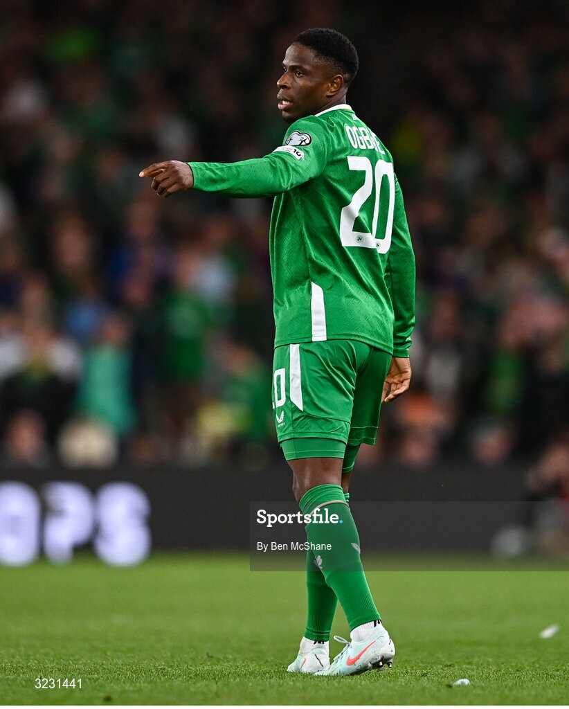 6 September 2025; Chiedozie Ogbene of Republic of Ireland during the FIFA World Cup 2026 Group F qualifying match between Republic of Ireland and Hungary at the Aviva Stadium in Dublin. Photo by Ben McShane/Sportsfile