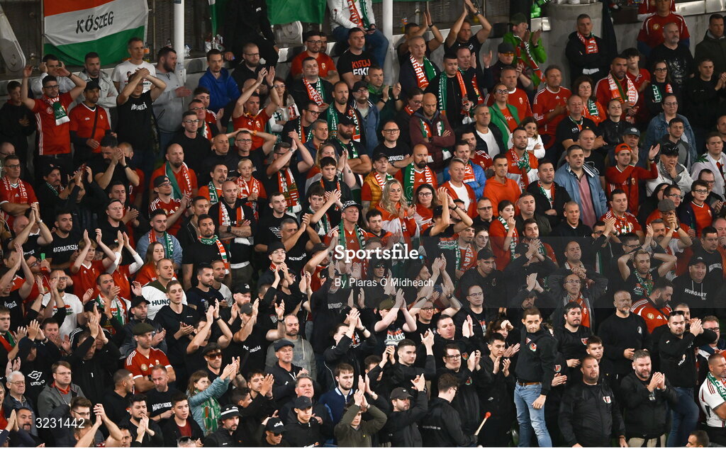 6 September 2025; Hungary supporters during the FIFA World Cup 2026 Group F qualifying match between Republic of Ireland and Hungary at the Aviva Stadium in Dublin. Photo by Piaras Ó Mídheach/Sportsfile