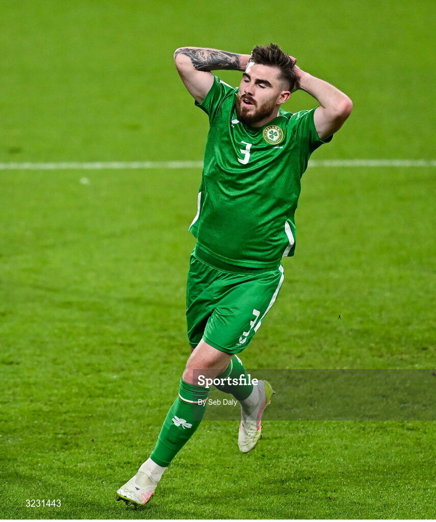 6 September 2025; Ryan Manning of Republic of Ireland reacts after heading the ball wide during the FIFA World Cup 2026 Group F qualifying match between Republic of Ireland and Hungary at the Aviva Stadium in Dublin. Photo by Seb Daly/Sportsfile