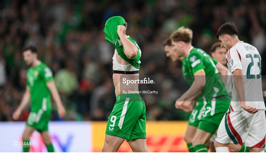 6 September 2025; Evan Ferguson of Republic of Ireland reacts to a missed chance during the FIFA World Cup 2026 Group F qualifying match between Republic of Ireland and Hungary at the Aviva Stadium in Dublin. Photo by Stephen McCarthy/Sportsfile