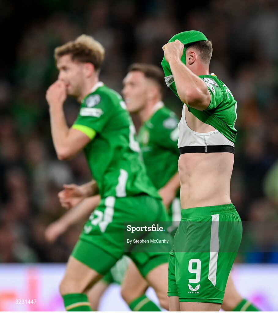6 September 2025; Evan Ferguson of Republic of Ireland reacts to a missed chance during the FIFA World Cup 2026 Group F qualifying match between Republic of Ireland and Hungary at the Aviva Stadium in Dublin. Photo by Stephen McCarthy/Sportsfile