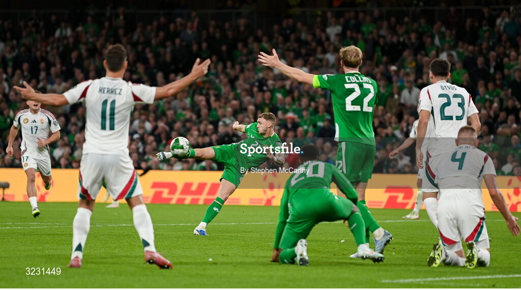 6 September 2025; Jack Taylor of Republic of Ireland has a shot on goal during the FIFA World Cup 2026 Group F qualifying match between Republic of Ireland and Hungary at the Aviva Stadium in Dublin. Photo by Stephen McCarthy/Sportsfile