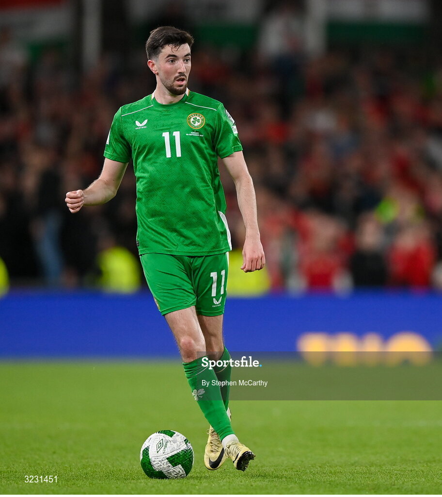 6 September 2025; Finn Azaz of Republic of Ireland during the FIFA World Cup 2026 Group F qualifying match between Republic of Ireland and Hungary at the Aviva Stadium in Dublin. Photo by Stephen McCarthy/Sportsfile