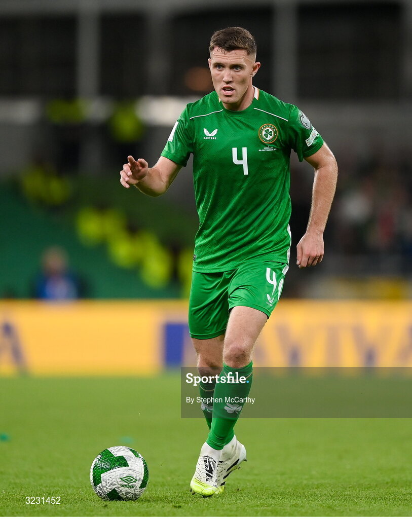 6 September 2025; Dara O'Shea of Republic of Ireland during the FIFA World Cup 2026 Group F qualifying match between Republic of Ireland and Hungary at the Aviva Stadium in Dublin. Photo by Stephen McCarthy/Sportsfile