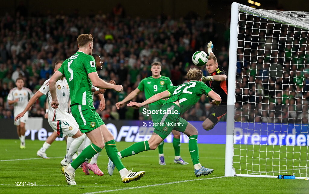 6 September 2025; Nathan Collins of Republic of Ireland heads the ball goalwards during the FIFA World Cup 2026 Group F qualifying match between Republic of Ireland and Hungary at the Aviva Stadium in Dublin. Photo by Stephen McCarthy/Sportsfile