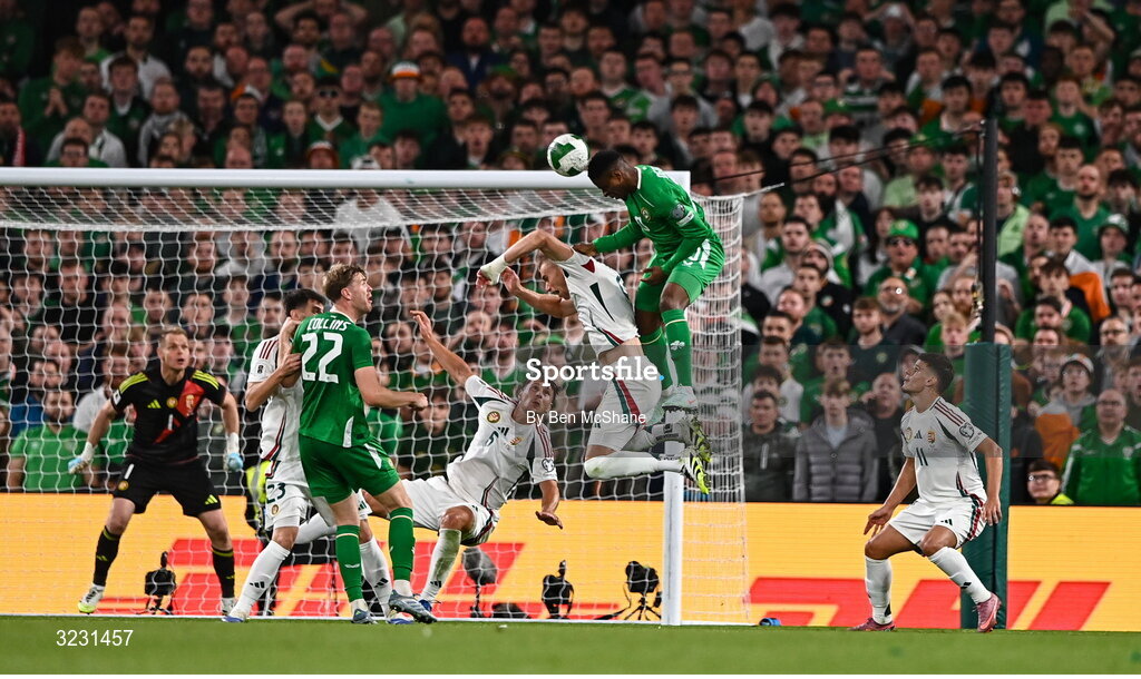 6 September 2025; Chiedozie Ogbene of Republic of Ireland has a header on goal during the FIFA World Cup 2026 Group F qualifying match between Republic of Ireland and Hungary at the Aviva Stadium in Dublin. Photo by Ben McShane/Sportsfile