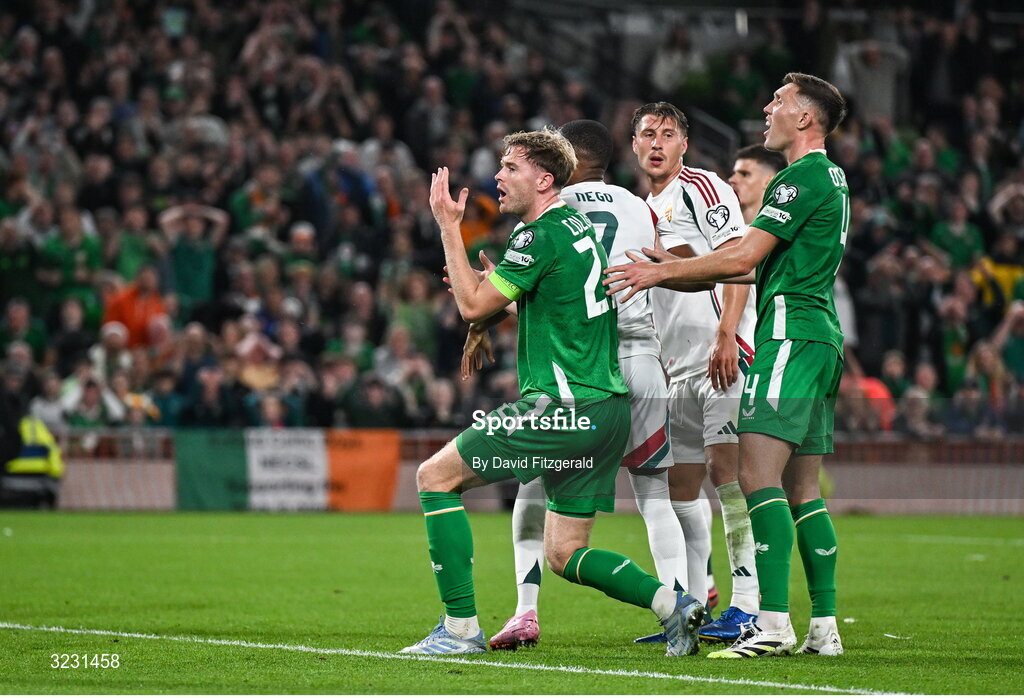 6 September 2025; Nathan Collins and Dara O'Shea of Republic of Ireland react to a missed chance during the FIFA World Cup 2026 Group F qualifying match between Republic of Ireland and Hungary at the Aviva Stadium in Dublin. Photo by David Fitzgerald/Sportsfile