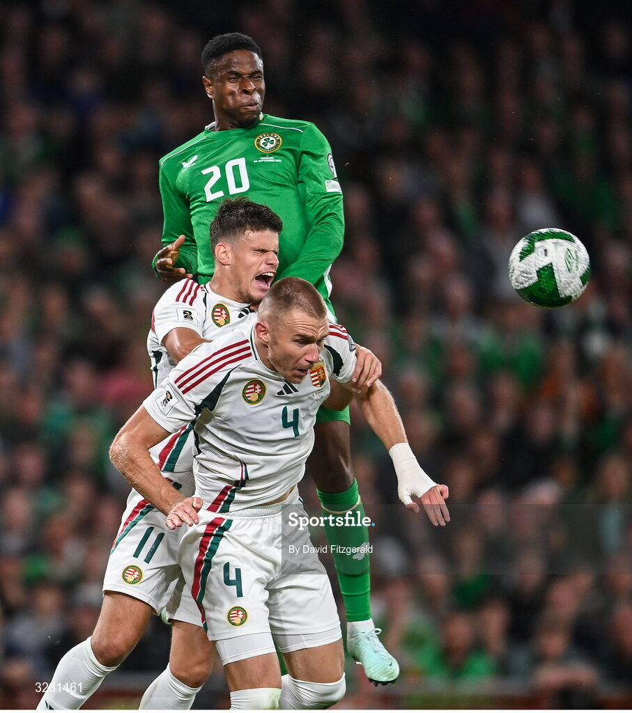6 September 2025; Chiedozie Ogbene of Republic of Ireland in action against Milos Kerkez and Attila Szalai of Hungary during the FIFA World Cup 2026 Group F qualifying match between Republic of Ireland and Hungary at the Aviva Stadium in Dublin. Photo by David Fitzgerald/Sportsfile