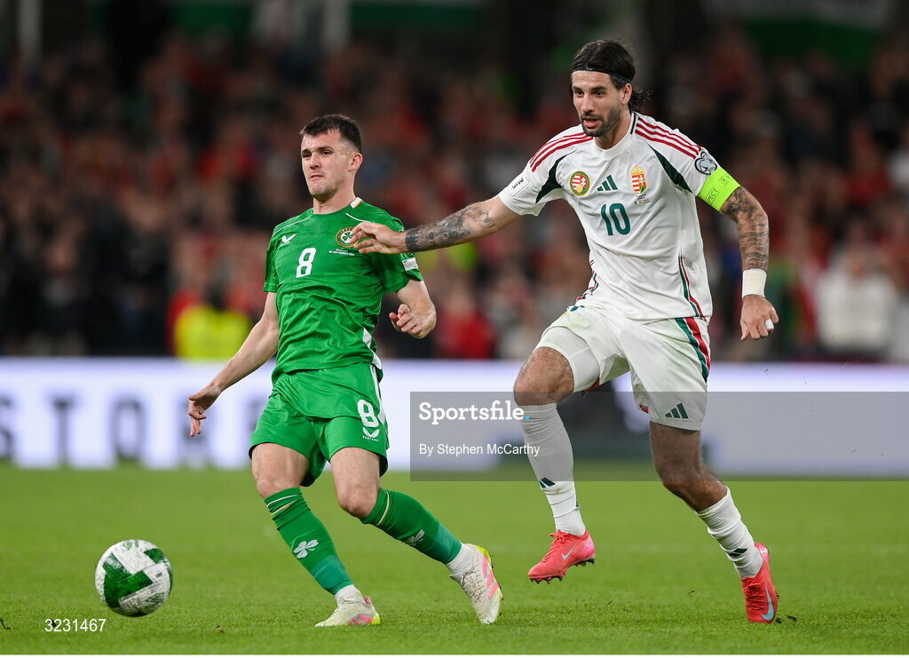 6 September 2025; Dominik Szoboszlai of Hungary is tackled by Jason Knight of Republic of Ireland during the FIFA World Cup 2026 Group F qualifying match between Republic of Ireland and Hungary at the Aviva Stadium in Dublin. Photo by Stephen McCarthy/Sportsfile