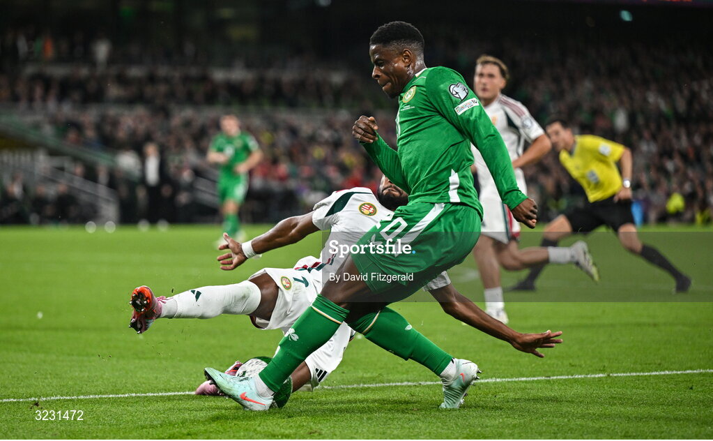 6 September 2025; Chiedozie Ogbene of Republic of Ireland in action against Loic Nego of Hungary during the FIFA World Cup 2026 Group F qualifying match between Republic of Ireland and Hungary at the Aviva Stadium in Dublin. Photo by David Fitzgerald/Sportsfile