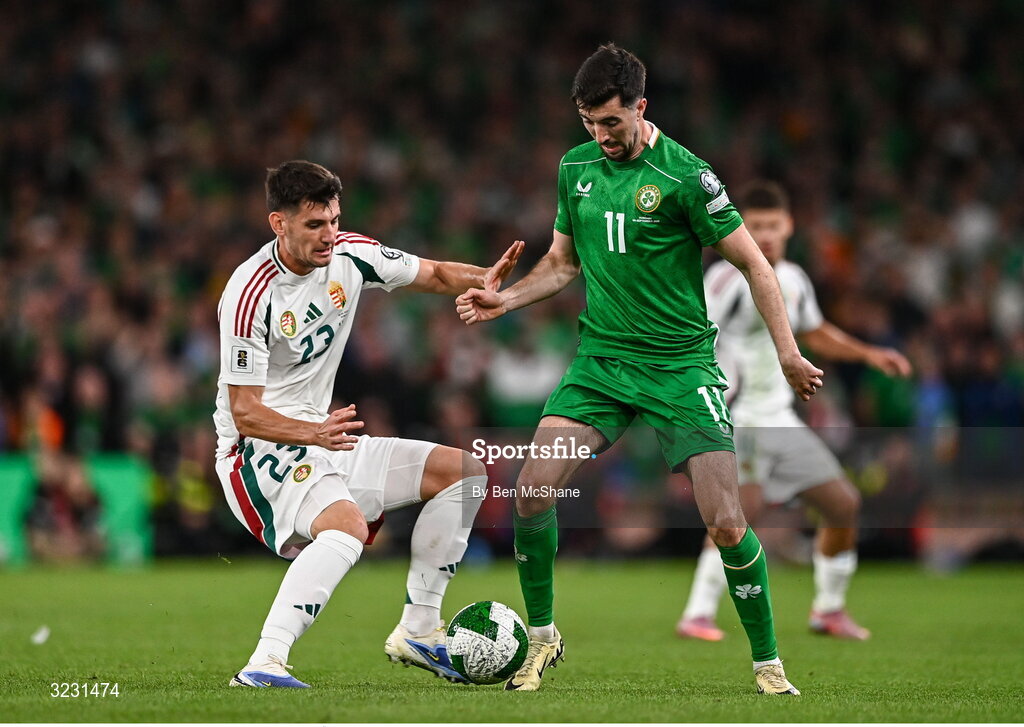 6 September 2025; Finn Azaz of Republic of Ireland in action against Bence Ötvös of Hungary during the FIFA World Cup 2026 Group F qualifying match between Republic of Ireland and Hungary at the Aviva Stadium in Dublin. Photo by Ben McShane/Sportsfile