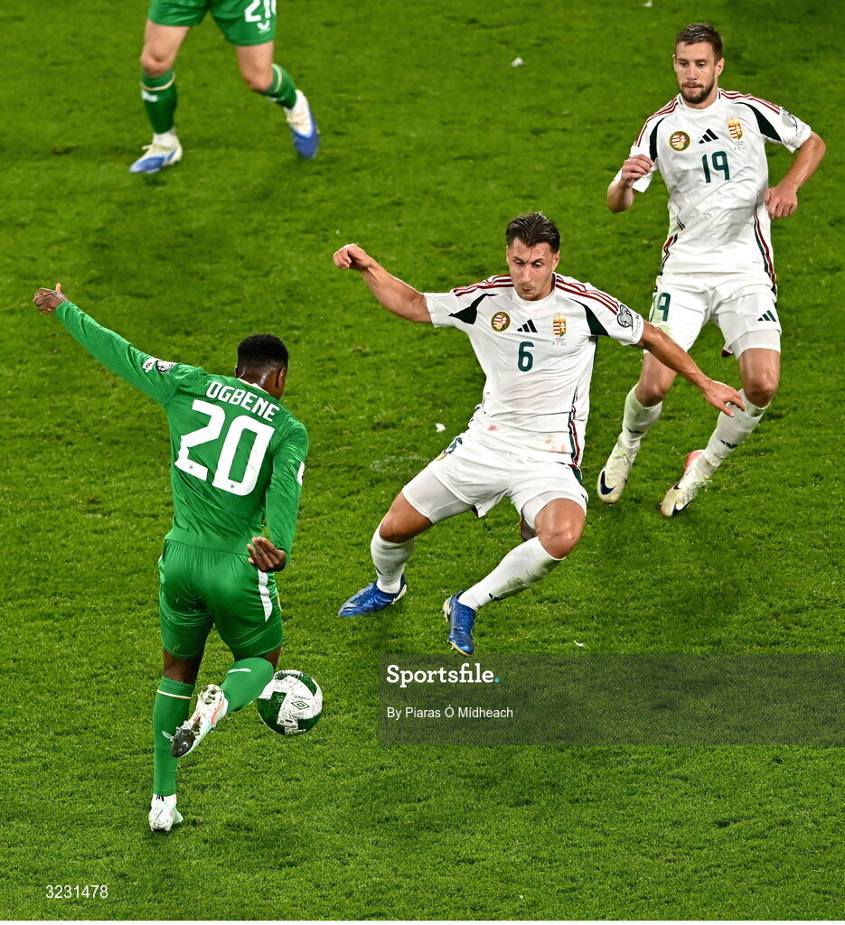 6 September 2025; Chiedozie Ogbene of Republic of Ireland has a shot goal on goal during the FIFA World Cup 2026 Group F qualifying match between Republic of Ireland and Hungary at the Aviva Stadium in Dublin. Photo by Piaras Ó Mídheach/Sportsfile