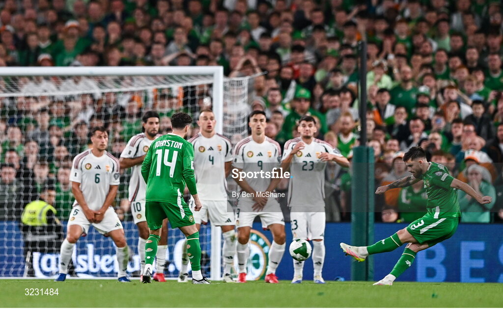 6 September 2025; Ryan Manning of Republic of Ireland takes a free kick during the FIFA World Cup 2026 Group F qualifying match between Republic of Ireland and Hungary at the Aviva Stadium in Dublin. Photo by Ben McShane/Sportsfile