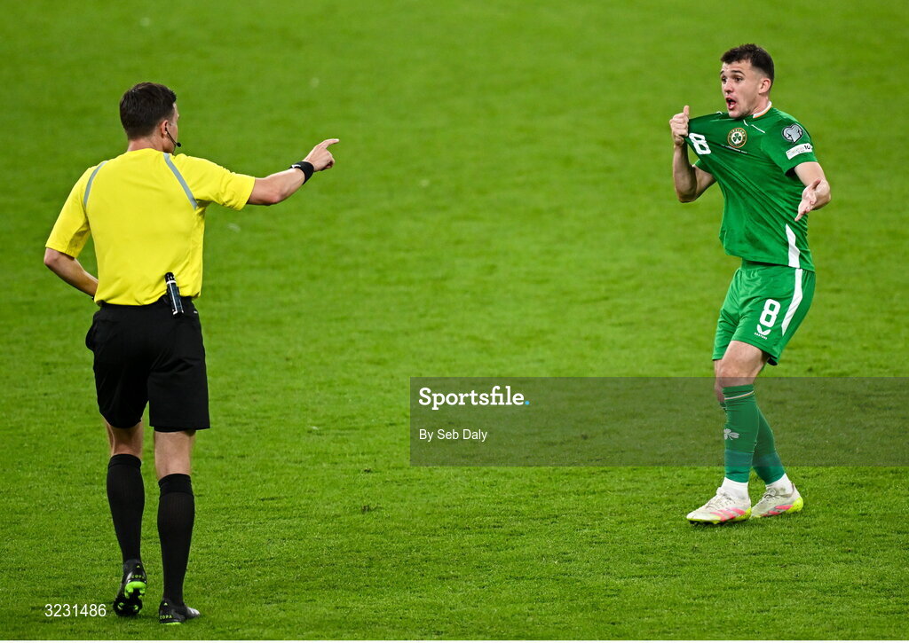 6 September 2025; Jason Knight of Republic of Ireland remonstrates with referee Harm Osmer during the FIFA World Cup 2026 Group F qualifying match between Republic of Ireland and Hungary at the Aviva Stadium in Dublin. Photo by Seb Daly/Sportsfile