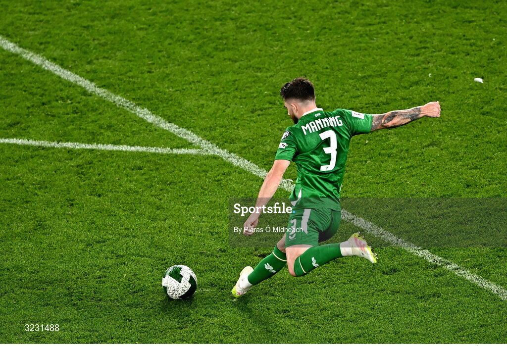 6 September 2025; Ryan Manning of Republic of Ireland takes a free during the FIFA World Cup 2026 Group F qualifying match between Republic of Ireland and Hungary at the Aviva Stadium in Dublin. Photo by Piaras Ó Mídheach/Sportsfile