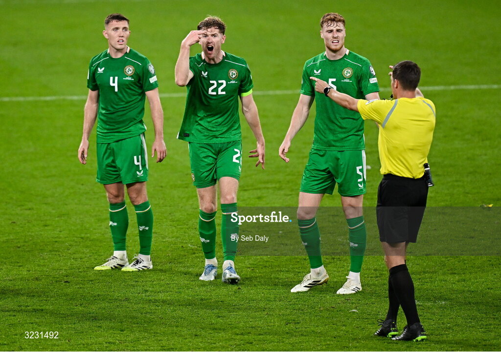 6 September 2025; Nathan Collins of Republic of Ireland, centre, reacts during the FIFA World Cup 2026 Group F qualifying match between Republic of Ireland and Hungary at the Aviva Stadium in Dublin. Photo by Seb Daly/Sportsfile