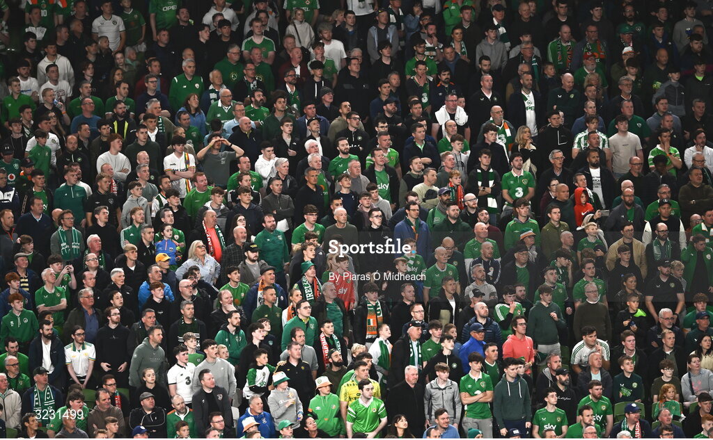6 September 2025; Republic of Ireland supporters during the FIFA World Cup 2026 Group F qualifying match between Republic of Ireland and Hungary at the Aviva Stadium in Dublin. Photo by Piaras Ó Mídheach/Sportsfile