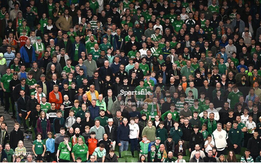 6 September 2025; Republic of Ireland supporters during the FIFA World Cup 2026 Group F qualifying match between Republic of Ireland and Hungary at the Aviva Stadium in Dublin. Photo by Piaras Ó Mídheach/Sportsfile