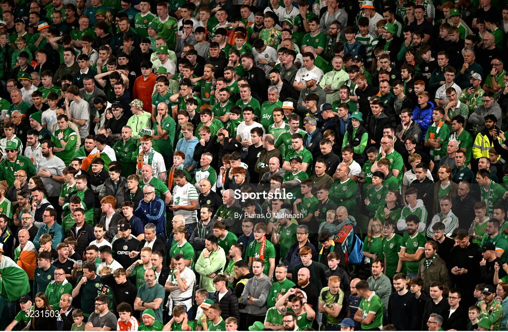 6 September 2025; Republic of Ireland supporters during the FIFA World Cup 2026 Group F qualifying match between Republic of Ireland and Hungary at the Aviva Stadium in Dublin. Photo by Piaras Ó Mídheach/Sportsfile