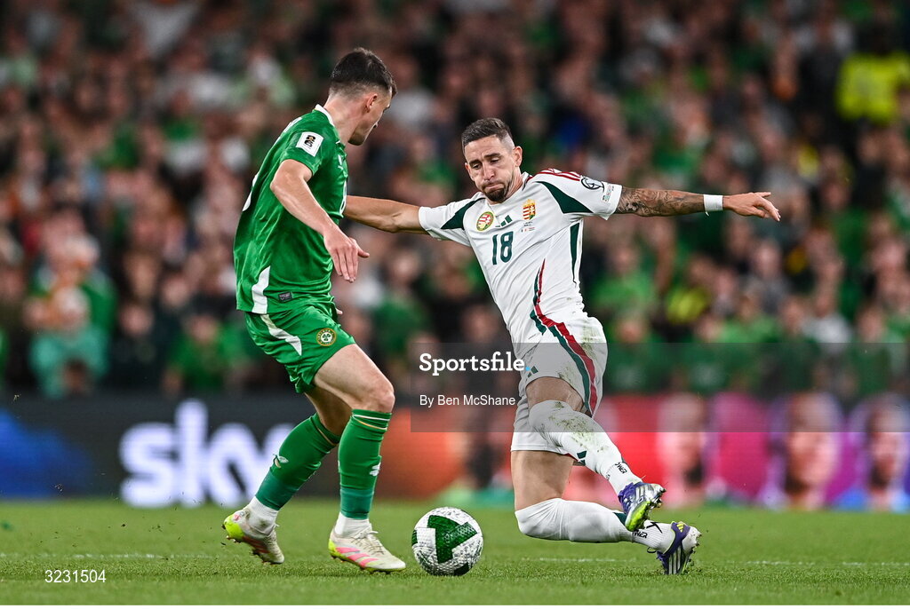 6 September 2025; Zsolt Nagy of Hungary in action against Jason Knight of Republic of Ireland during the FIFA World Cup 2026 Group F qualifying match between Republic of Ireland and Hungary at the Aviva Stadium in Dublin. Photo by Ben McShane/Sportsfile