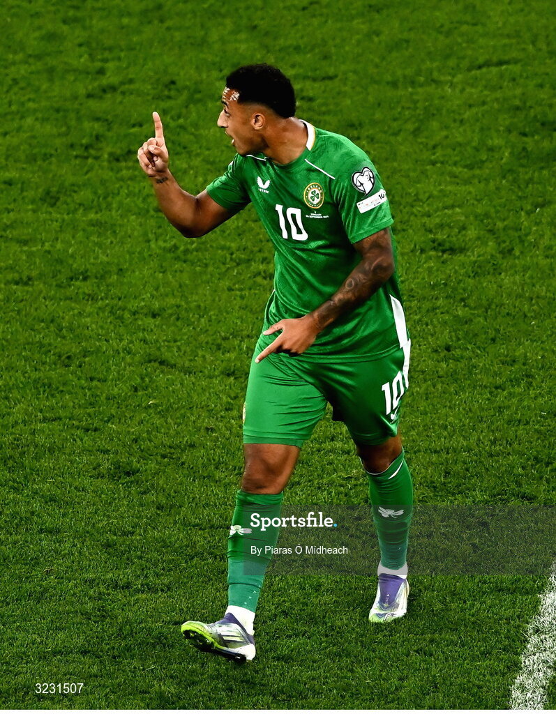 6 September 2025; Adam Idah of Republic of Ireland celebrates after scoring his side's second goal during the FIFA World Cup 2026 Group F qualifying match between Republic of Ireland and Hungary at the Aviva Stadium in Dublin. Photo by Piaras Ó Mídheach/Sportsfile