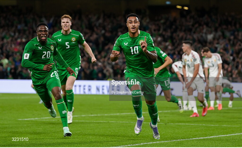 6 September 2025; Adam Idah of Republic of Ireland celebrates after scoring his side's second goal during the FIFA World Cup 2026 Group F qualifying match between Republic of Ireland and Hungary at the Aviva Stadium in Dublin. Photo by Stephen McCarthy/Sportsfile