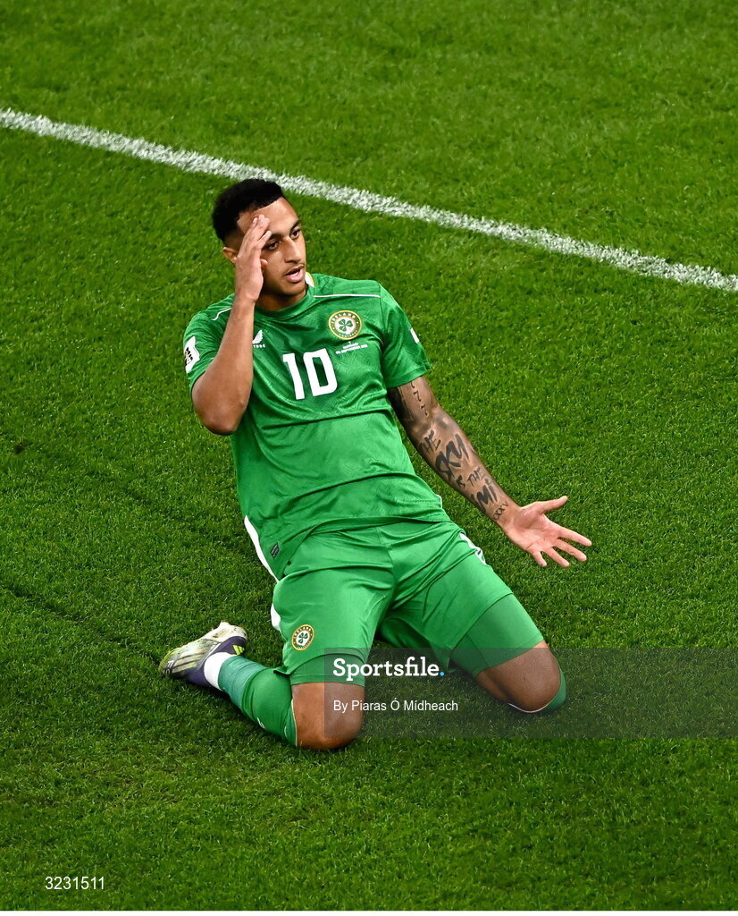 6 September 2025; Adam Idah of Republic of Ireland celebrates after scoring his side's second goal during the FIFA World Cup 2026 Group F qualifying match between Republic of Ireland and Hungary at the Aviva Stadium in Dublin. Photo by Piaras Ó Mídheach/Sportsfile