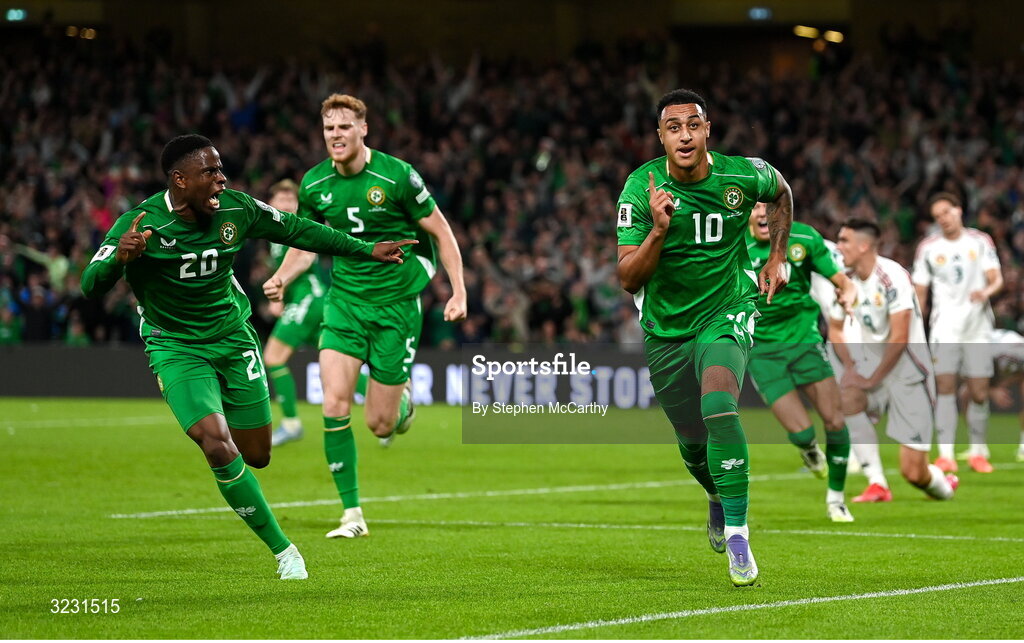 6 September 2025; Adam Idah of Republic of Ireland celebrates after scoring his side's second goal during the FIFA World Cup 2026 Group F qualifying match between Republic of Ireland and Hungary at the Aviva Stadium in Dublin. Photo by Stephen McCarthy/Sportsfile