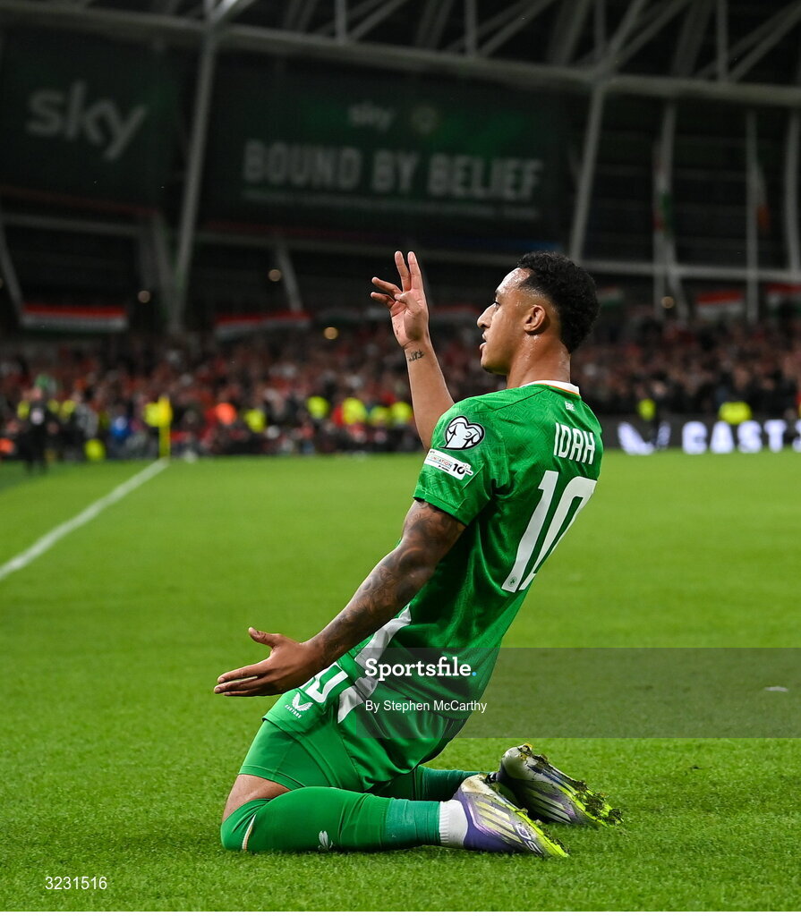 6 September 2025; Adam Idah of Republic of Ireland celebrates after scoring his side's second goal during the FIFA World Cup 2026 Group F qualifying match between Republic of Ireland and Hungary at the Aviva Stadium in Dublin. Photo by Stephen McCarthy/Sportsfile
