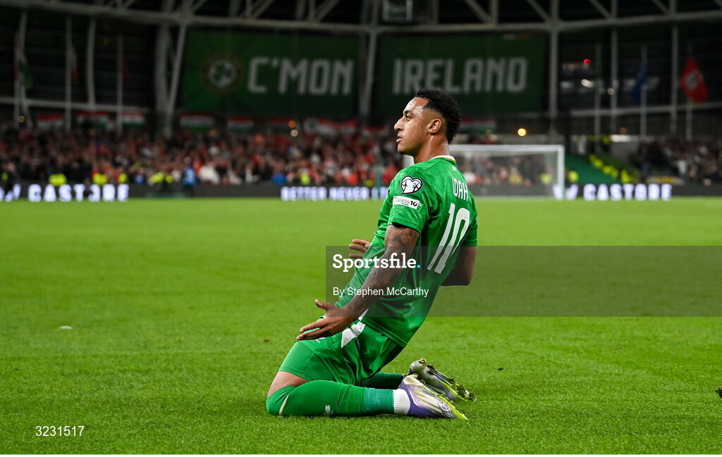 6 September 2025; Adam Idah of Republic of Ireland celebrates after scoring his side's second goal during the FIFA World Cup 2026 Group F qualifying match between Republic of Ireland and Hungary at the Aviva Stadium in Dublin. Photo by Stephen McCarthy/Sportsfile