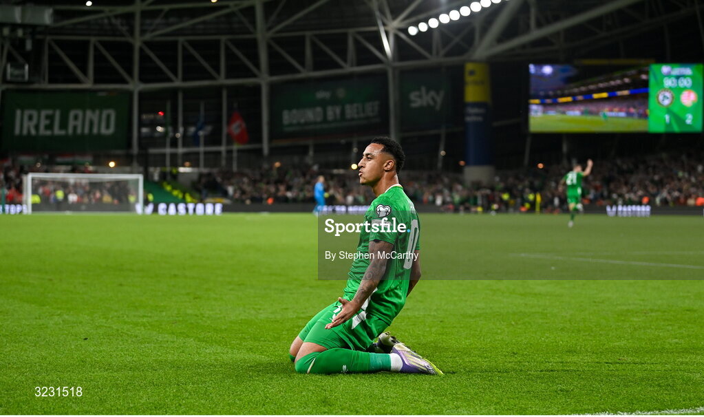 6 September 2025; Adam Idah of Republic of Ireland celebrates after scoring his side's second goal during the FIFA World Cup 2026 Group F qualifying match between Republic of Ireland and Hungary at the Aviva Stadium in Dublin. Photo by Stephen McCarthy/Sportsfile
