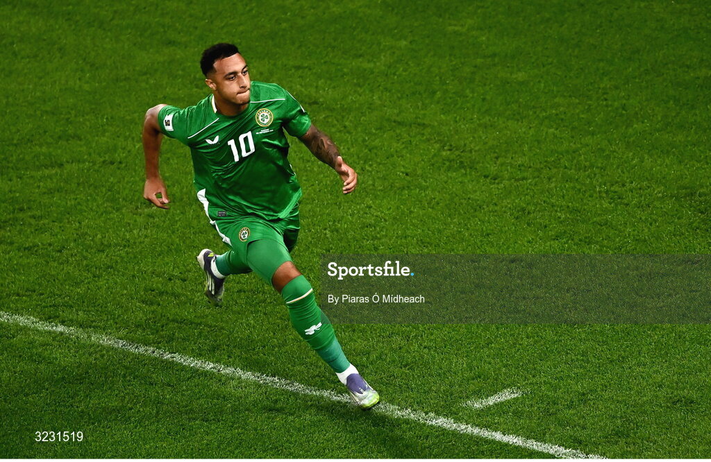 6 September 2025; Adam Idah of Republic of Ireland celebrates after scoring his side's second goal during the FIFA World Cup 2026 Group F qualifying match between Republic of Ireland and Hungary at the Aviva Stadium in Dublin. Photo by Piaras Ó Mídheach/Sportsfile